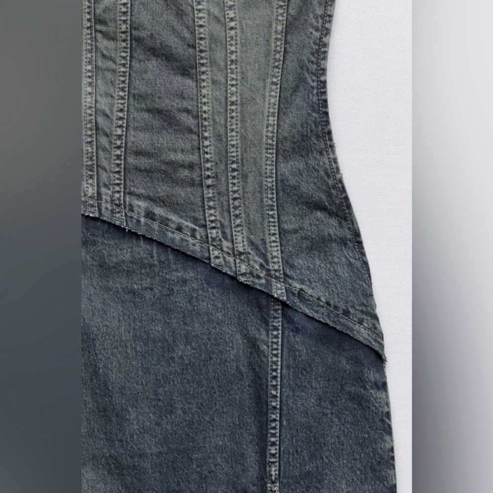 Zara NWT Distressed Navy Denim Strapless Midi Dress w/ Side Slit (Size XS) - Picture 7 of 9